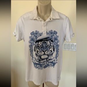 Roberto Cavalli Big Boys Kids White Blue Snap Front Polo Top Golf Shirt Size M